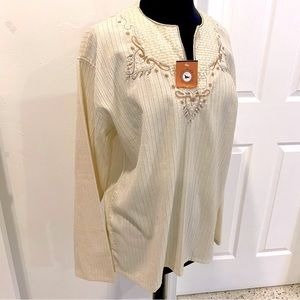 RACER Boutique NEW Long Sleeve Cream Cotton Top! So pretty! Embroidered. XL